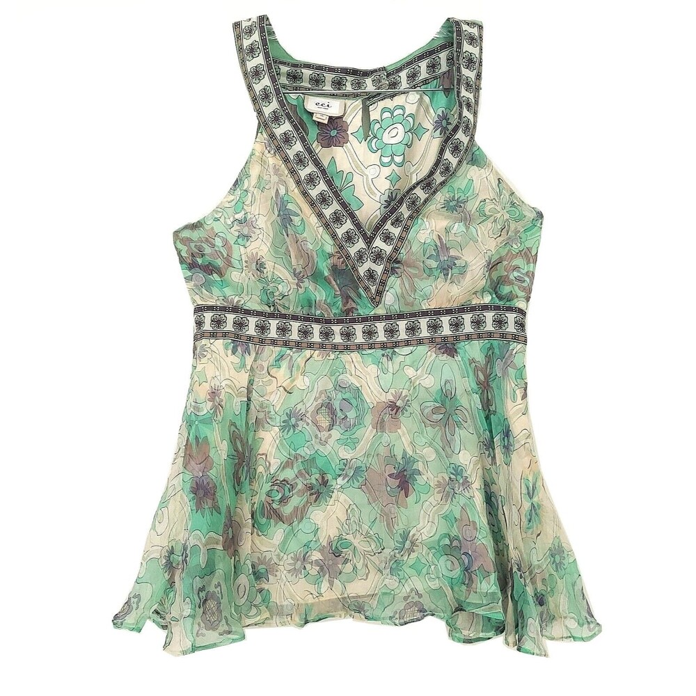 Sleeveless Silk Blouse Size 10 M Green Tank Top Floral V-Neck Empire Waist